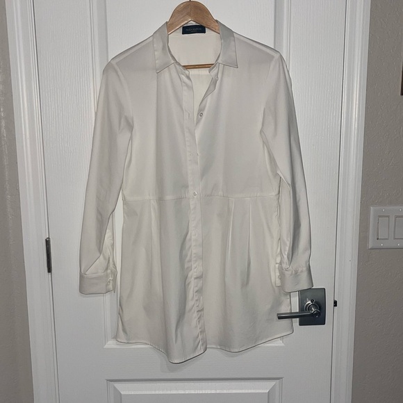 Piazza Sempione White Satin Tunic Dress Blouse Italy Paneled ButtonUp Pockets 42 - Picture 2 of 8